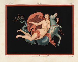 Una Nereide (ninfa del mare) con mantello e braccialetti che cavalca un mostro marino o ippocampo, metà cavallo e metà pesce. Museo Naz. XXII, Stabiae. Disegnato e cromolitografato da Victor Steeger da Emile Presuhn (1844-1878) Le più belle pitture di Pomp