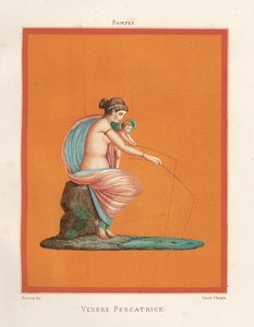 Affresco di Venere e Cupido che pescano con le canne da un laghetto. Trovato in Regio V.V.3, la Casa dei Gladiatori. Cromolitografia di Victor Steeger dopo un