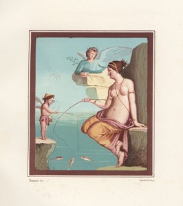Affresco di Venere e Cupido che pescano con le canne dal mare. Trovato in Regio VI.XIV.28, la Taberna Lusoria. Cromolitografia di Victor Steeger dopo un