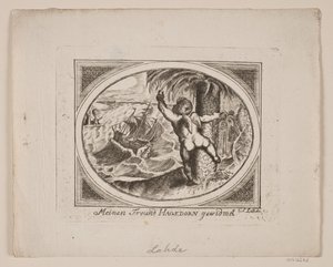 Amore presso una palma, indicando oltre un mare agitato da Gerhard Ludvig Lahde
