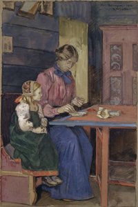 Giovane ragazza di Hallingdal che impara a infilare perle da Gerhard Peter Frantz Vilhelm Munthe
