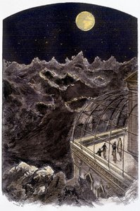 Persone sulla Luna che osservano la Terra - illustrazione di Gerlier, in "Un mondo sconosciuto: 2 anni sulla luna" di Pierre de Sélènes, ed. Flammarion
