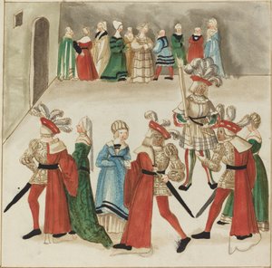 Tre uomini in mantelli rossi che ballano con i loro partner da German 16th Century