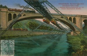 La ferrovia sospesa Barmen-Elberfeld-Sonnborn-Vohwinkel e il nuovo ponte di Sonnborn, Germania. Cartolina inviata nel 1913. da German Photographer