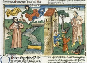 Elia ascende al cielo in un turbine e i ragazzi che deridono Eliseo sono mangiati dagli orsi, dalla Bibbia di Norimberga (Biblia Sacra Germanaica) da German School