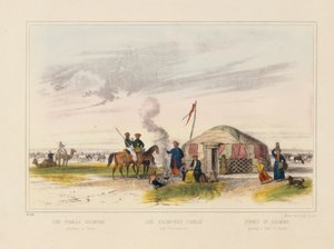 Una famiglia Kalmyk (Mongolia occidentale) che alleva cavalli, foglio illustrato pubblicato da Joseph Scholz, Mainz, c.1860 da German School
