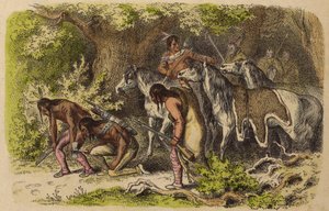 Un gruppo di guerra di nativi americani che traccia i loro nemici (incisione colorata) da German School