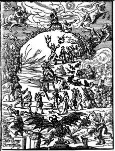 Cerimonia del sabba, un caprone che rappresenta il diavolo è al centro, circondato da streghe e demoni. Incisione tedesca del XVI secolo