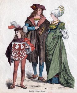 Una famiglia borghese. Costumi tedeschi del XVI secolo dal "Munchener Bilderbogen", Germania, c.1880