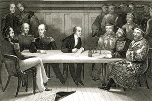 Una conferenza a Chusan tra il commodoro Bremer e Chang, un funzionario cinese, a bordo della HMS Wellesley, 4 luglio 1841 da German School