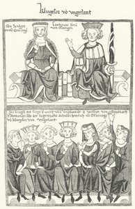 Una rappresentazione del Sangerkrieg, un concorso tra menestrelli al castello di Wartburg in Turingia nel 1207, dal Codex Manesse (incisione)