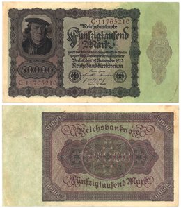 Una banconota da cinquantamila marchi, 1922 (recto e verso) da German School