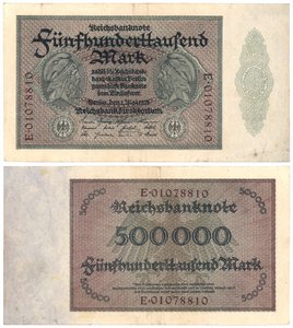 Una banconota da cinquecentomila marchi, 1923 (recto e verso) da German School