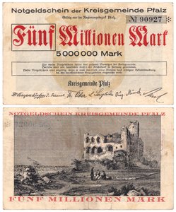 Una banconota da cinque milioni di marchi, c.1923 (recto e verso) da German School