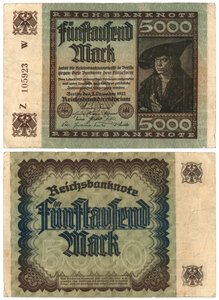 Una banconota da cinquemila marchi, 1922 (recto e verso) da German School