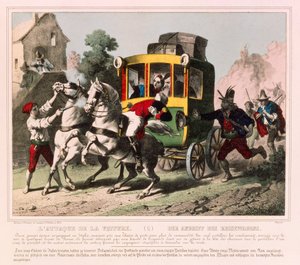 Una coppia in luna di miele viene attaccata da briganti in Italia, foglio illustrato pubblicato da Gangel & P. Didion, Metz, c.1850 da German School