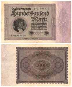 Una banconota da centomila marchi, 1923 (recto e verso) da German School