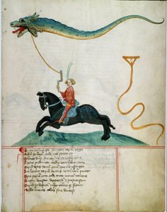 Un cavaliere che tiene un cervo volante drago Pagina di manoscritto della scuola tedesca del XV secolo. 1405 Gottinga, biblioteca dell