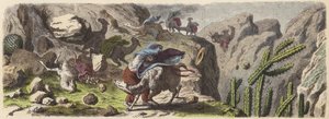 Una carovana di lama che trasporta minerale sorpresa da una tempesta nelle Ande (incisione colorata)