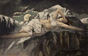 Una donna nuda su un fianco della montagna scalata da alpinisti mentre la luna osserva