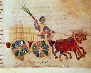 Un contadino su un carro in miniatura dal manoscritto 