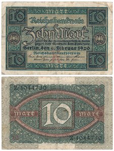 Una banconota da dieci marchi, 1920 (recto e verso) da German School