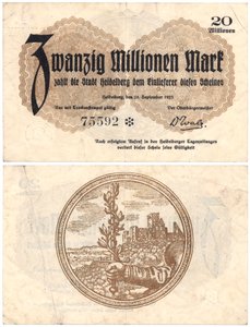 Una banconota da venti milioni di marchi, 1923 (recto e verso) da German School