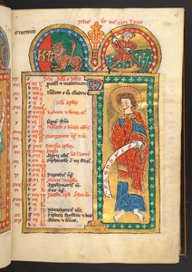 Add. 60629, f.4 Luglio. 12 pagine del calendario in oro e colori, con cornici architettoniche ciascuna contenente un segno dello Zodiaco, un apostolo e un lavoro del mese. Salterio. Salterio illuminato con un calendario, cantici e litanie per l