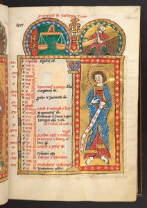 Settembre. 12 pagine del calendario in oro e colori, con cornici architettoniche ciascuna contenente un segno dello zodiaco, un apostolo e un lavoro del mese. Salterio illuminato con un calendario, cantici e litanie per l