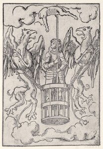 Alessandro Magno portato in aria da due grifoni