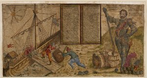 Un volantino illustrato che celebra la campagna di Francis Drake contro gli spagnoli, illustrazione da 