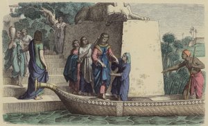 Donna egiziana di alto rango che fa un giro in barca (incisione colorata)