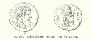 Monete greche antiche da Elis con immagini dello Zeus di Fidia