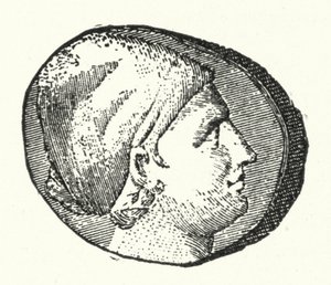 Antica moneta che mostra la testa della poetessa greca antica Saffo (incisione) da German School