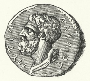 Antica moneta che mostra la testa del poeta greco Alceo di Mitilene da German School