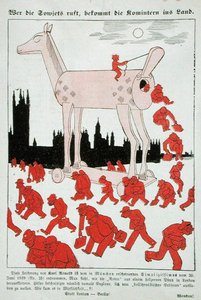 Cartone animato anti-bolscevico del Terzo Reich che raffigura i bolscevichi che fuggono da un cavallo di Troia a Londra da German School