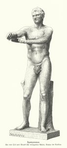 Apoxyomenos, statua di un atleta che raschia sudore e polvere dal suo corpo con uno strigile (incisione)