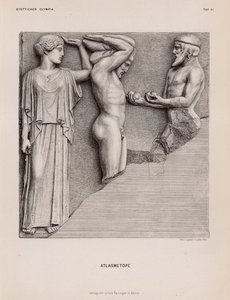 Atlante porta a Eracle le mele delle Esperidi alla presenza di Atena, metopa dal Tempio di Zeus, Olimpia, Grecia da German School