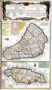 Barbados e Giamaica, dettaglio da una mappa delle colonie inglesi nei Caraibi, pub. dagli eredi di Homann, Norimberga, c.1750 (dettaglio)