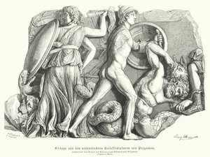 Battaglia tra Dei e Titani e giganti, rilievo greco antico da Pergamo da German School