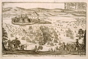Battaglia vicino alla città di Levice nel 1664, illustrazione da un libro sulle campagne ottomane in Europa, inciso da Paul Furst (c.1605-66) da German School