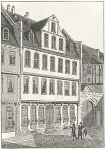 Luogo di nascita dello scrittore e statista tedesco Johann Wolfgang von Goethe, Francoforte, Germania (incisione) da German School