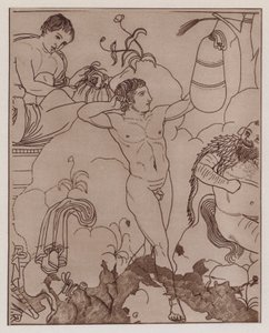 Pugile che si allena con un sacco da boxe, dipinto su vaso greco antico (litografia) da German School