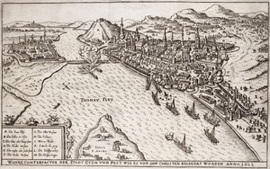 Buda e Pest assediate dai cristiani nel 1602, illustrazione da un libro sulle campagne ottomane in Europa, inciso da Paul Furst (c.1605-66)