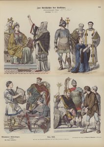 Costumi franchi carolingi, VIII secolo (incisione colorata) da German School