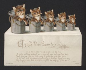 Gatti nei secchi, cartolina di auguri di Capodanno (cromolitografia)