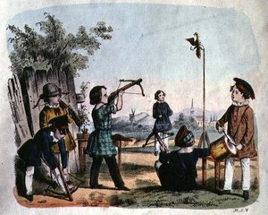 Bambini che Sparano a un Bersaglio con un Archibugio, c.1860 (incisione a colori)