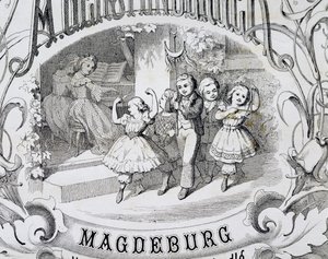 Scena di danza dei bambini, dettaglio della pagina del titolo della raccolta di musica e danze per bambini pubblicata a Magdeburgo, Germania