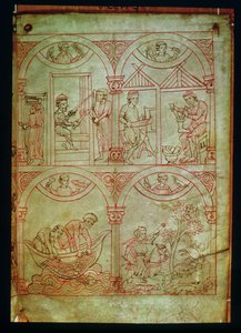 Codex 507 fol.2r Tessitore, calzolaio, pescatori e cacciatore, da Renner Musterbuch, c.1208-18