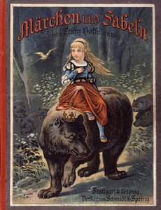 Copertina dei racconti di Franz Hoffmann "Racconti e favole: Von Prinzessin sternröschenw": Una ragazza su un orso. Cromolitografia del XIX secolo